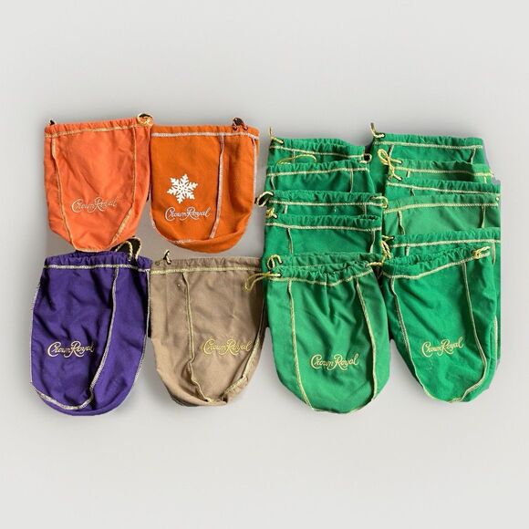 Crown Royal Bags 13 Green 1 Purple 1 Brown 2 Orange Lot Of 17 Bags - Picture 1 of 7